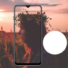 A smartphone displaying a woman wearing a flower crown at sunset, with a white circle beside it