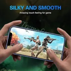 A smartphone held horizontally with hands, displaying a gaming scene, highlighting Silky and Smooth touch