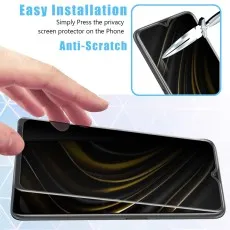 A hand applies a privacy screen protector to a phone, while an inset shows its anti-scratch durability against a knife