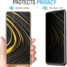 A split image showcasing a smartphone with a clear screen protector (visible) and another with an anti-spy protector (dark)