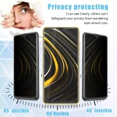 Three phones show privacy screen protector angles 45° invisible, 90° visible. Eyes peek above