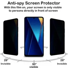 Three phones showcase an anti-spy screen protector center visible at 90 degrees, sides invisible at 28 degrees