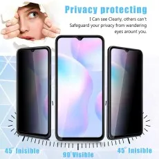 Privacy screen protector 90° visible center, 45° invisible sides. Eyes peek from torn paper