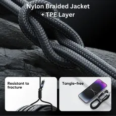 Close-up of DCN02 nylon braided USB cable tied in a knot, demonstrating its durability, tangle-free design, and resistance to fracture