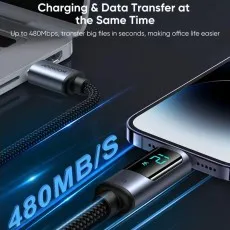 DCN02 USB-A to Lightning cable connected to laptop and iPhone, showcasing 480MBs data transfer speed and simultaneous charging with digital display