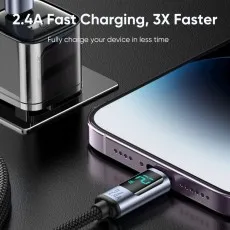 iPhone charging with DCN02 2.4A USB-A to Lightning Cable, digital display showing fast charging, 1.2m black cable