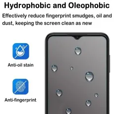 Smartphone screen with water droplets, showing hydrophobic, oleophobic, anti-oil, and anti-fingerprint features