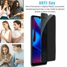 Anti-spy screen protector on a phone, with vignettes of people using phones privately in public
