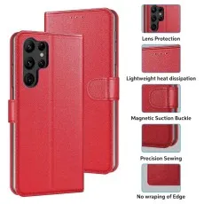 Red leather wallet case for Samsung S24, magnetic flip cover, card holder, and lens protection