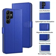 Samsung S24 Blue leather wallet case with magnetic flip cover, featuring lens protection, heat dissipation, magnetic buckle, precision sewing, and edge wrapping