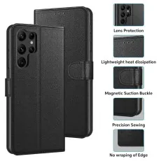 Samsung S24 Leather Wallet Case – Black Flip Cover with Lens Protection, Magnetic Buckle, Precision Sewing, and Heat Dissipation Features