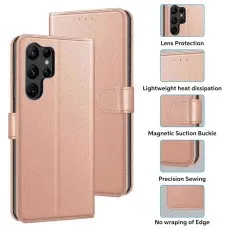 Rose gold leather wallet case for Samsung S24 Plus with magnetic flip cover, card holder, and lens protection