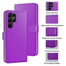 Purple Samsung S24 Ultra wallet-style leather phone case highlighting its secure magnetic closure, breathable design, and stylish, durable finish