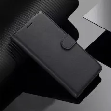 Elegant black leather wallet case with magnetic closure for Samsung S24 Ultra & S24 Plus, displayed on a modern background
