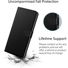 Black leather wallet case for Samsung S24 Ultra & S24 Plus with magnetic flip cover, highlighting uncompromised fall protection and lifetime support