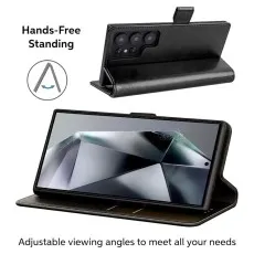Hands-Free Stand Feature on Samsung S24 Ultra Leather Wallet Case – Adjustable Viewing Angles with Magnetic Flip Design
