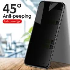 A smartphone with an Anti-peeping privacy screen protector, showing a blacked-out screen at a 45-degree angle