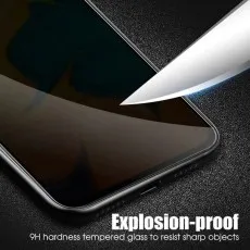 A privacy screen protector on a phone with a knife demonstrating its explosion-proof, 9H hardness