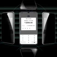 Five smartphones displayed with a central phone showing a payment screen, illustrating privacy