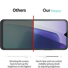 Comparison of Others screen protector with Our Privacy+ screen protector, showing clarity differences