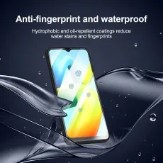Smartphone displaying fingerprint icons, surrounded by water, highlighting anti-fingerprint and waterproof features