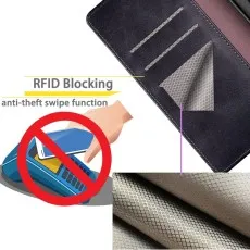Close-up of RFID blocking layer in Samsung Galaxy S21 wallet case, highlighting anti-theft protection for credit cards and personal data