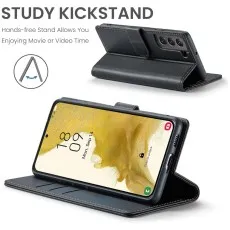 Samsung Galaxy S21 in a black PU leather wallet flip case, shown horizontally using the built-in kickstand for hands-free viewing, with the phone screen displaying the lock screen