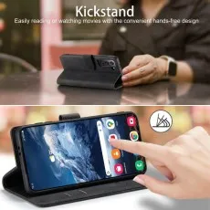 Samsung Galaxy S21 leather wallet case in kickstand mode, showing hands-free viewing for reading or watching movies