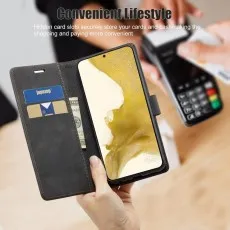 Samsung Galaxy S21 wallet case with hidden card slots, displaying cards and cash for convenient shopping and payments