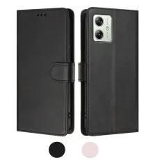 Black Motorola Moto G54 5G wallet case with RFID blocking, magnetic closure, and PU leather flip cover, shown front and back