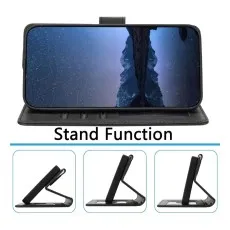Motorola Moto G54 5G wallet case shown in horizontal stand mode with phone displaying a night sky, demonstrating three different adjustable stand positions for hands-free viewing