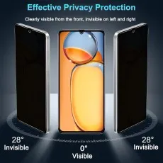 A middle phone is visible, while two side phones at 28° angles are black, demonstrating privacy screen