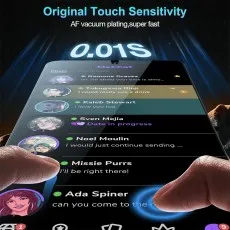 Phone displaying chat app, held by hands, highlighting 0.01s touch sensitivity and AF vacuum plating