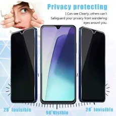 A phone screen protector demonstrating privacy protection; visible from 90 degrees, invisible from 28 degrees