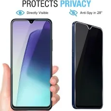 Phone held by hand, showing direct view, next to privacy screen with 28° anti-spy view
