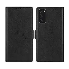 Black Samsung Galaxy S20 FE 5G wallet case made of PU leather with flip cover and magnetic closure, showing front and back views