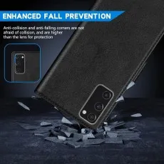 Black Samsung Galaxy S20 FE 5G wallet case with enhanced fall prevention, showing anti-collision leather flip cover protecting the phone on impact