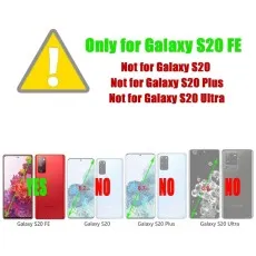 Compatibility guide showing the wallet case is only for Samsung Galaxy S20 FE 6.5-inch and not compatible with Galaxy S20, S20 Plus, or S20 Ultra