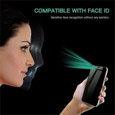 Woman holding phone with green light scanning face for Face ID, Compatible with Face ID text