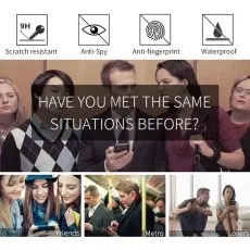 A collage highlights phone users and icons for anti-spy, scratch-proof, and waterproof features
