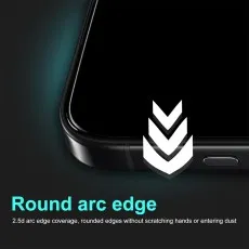 A close-up of a smartphone's rounded edge, with Round arc edge text and a downward arrow icon