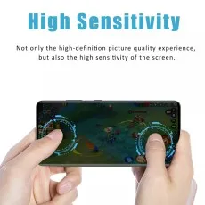 A smartphone displays a mobile game with two thumbs on the screen, highlighted with blue circles indicating touch points