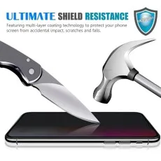 A smartphone screen with a knife and hammer above it, demonstrating Ultimate Shield Resistance against impact and scratches