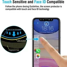 A phone screen protector compatible with touch and Face ID, featuring anti-scratch and fingerprint-less properties