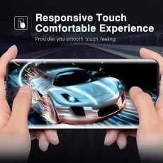 A phone is held horizontally while displaying a racing car game, emphasizing the responsive touch of the screen protector