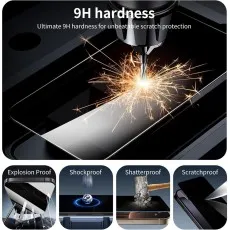 An image shows a screen protector's 9H hardness with spark, shock, shatter, and scratch tests