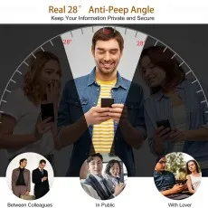 An illustration shows a phone screen with a 28-degree privacy angle to prevent peeping