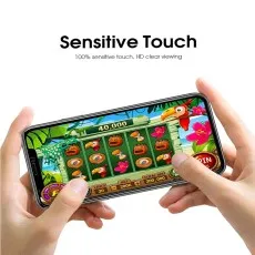 Hands play a mobile game, showing a screen protector's sensitive touch and clarity