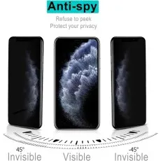 An anti-spy screen protector is shown, visible from the front but invisible from a 45-degree angle