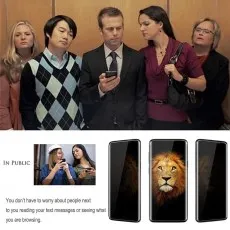 A man uses a phone with a privacy screen protector in an elevator, while people around him try to peek